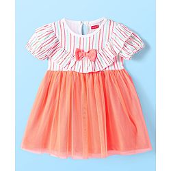 Babyhug Single Jersey Knit Half Sleeves Striped Frock with Bow Frill  Detailing & Headband - White & Peach