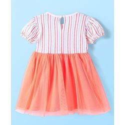 Babyhug Single Jersey Knit Half Sleeves Striped Frock with Bow Frill  Detailing & Headband - White & Peach