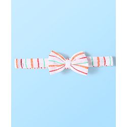 Babyhug Single Jersey Knit Half Sleeves Striped Frock with Bow Frill  Detailing & Headband - White & Peach
