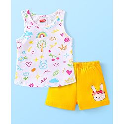 Babyhug 100% Cotton Sleeveless Bunny Printed Sando & Shorts Set - Yellow & White
