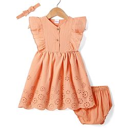 Babyhg Cotton Knit Frill Sleeves Frock With Bloomer & Head Band with Cut out Detailing - Orange