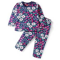 Babyhug Cotton Knit Full Sleeves Floral Printed Night Suit - Navy Blue