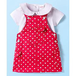Babyhug Woven Denim Frock & Half Sleeves Peter Pan Collared Inner Tee With Polka Dot Print - Red & White