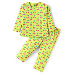 Babyhug Cotton Knit Full Sleeves Cherry Printed Night Suit - Limegreen