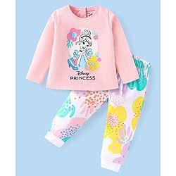 Babyhug Disney Single Jersey Knit Full Sleeves Night Suit with Disney Princess Print - Pink