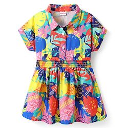 Babyhug Cotton Knit Half Sleeves Collard Frock with Tropical Theme - Multicolor