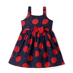 Babyhug Cotton Knit Sleeveless Frocks With Polka Dots Print & Bow Applique - Red & Navy Blue