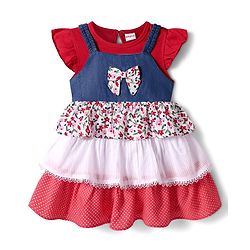 Babyhug Cotton Woven Polka Dots & Floral Printed Layered Frock with Frill Sleeves Inner Tee & Bow Applique - Red