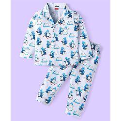 Babyhug Cotton Knit Full Sleeves Penguin Printed Night Suit - Light Blue