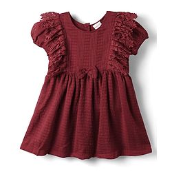 Babyhug Cotton Woven Half Sleeves Solid Frock With Bow Applique & Lace Detailing - Dark Red