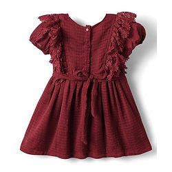 Babyhug Cotton Woven Half Sleeves Solid Frock With Bow Applique & Lace Detailing - Dark Red