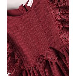 Babyhug Cotton Woven Half Sleeves Solid Frock With Bow Applique & Lace Detailing - Dark Red