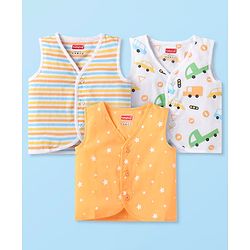 Babyhug 100% Cotton Woven Sleeveless Jhablas with Stripes & Vehicle Print Pack of 3 - Orange & White