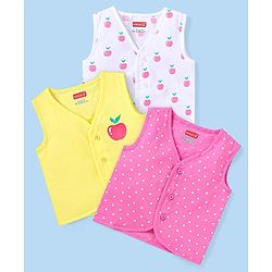 Babyhug 100% Cotton Woven Sleeveless Polka Dots & Apple Printed Front Open Jhablas Pack of 3 - White Yellow & Pink