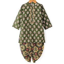 Babyhug Cotton Woven Full Sleeves Floral Printed Kurta & Dhoti Set - Olive Green
