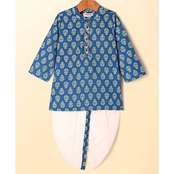 Babyhug Cotton Woven Full Sleeves Kurta Dhoti Set with Floral Print - Blue