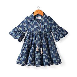 Babyhug Cotton Woven Three Fourth Sleeves Ethnic Dress with Floral Print - Navy Blue