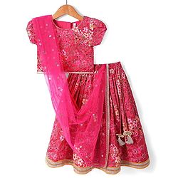 Babyhug Woven Short Puffed Sleeves Embroidered Lehenga Choli & Dupatta Set Floral Print - Dark Pink