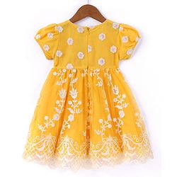 Babyhug Woven Half Puff Sleeves Ethnic Dress With Floral & Sequin Embroidery - Yellow