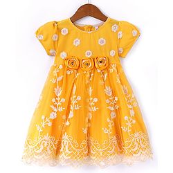 Babyhug Woven Half Puff Sleeves Ethnic Dress With Floral & Sequin Embroidery - Yellow