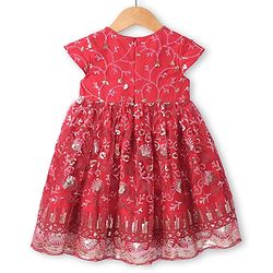 Babyhug Woven Short Sleeves Sequinned Floral Embroidered Frock with Sleeveless  Jacket - Red