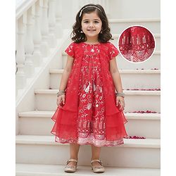 Babyhug Woven Short Sleeves Sequinned Floral Embroidered Frock with Sleeveless  Jacket - Red
