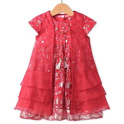 Babyhug Woven Short Sleeves Sequinned Floral Embroidered Frock with Sleeveless  Jacket - Red