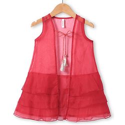 Babyhug Woven Short Sleeves Sequinned Floral Embroidered Frock with Sleeveless  Jacket - Red