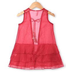 Babyhug Woven Short Sleeves Sequinned Floral Embroidered Frock with Sleeveless  Jacket - Red
