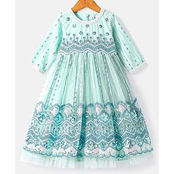 Babyhug Woven Three Fourth Sleeves Floral & Sequin Embroidered Ethnic Dress - Aqua Blue