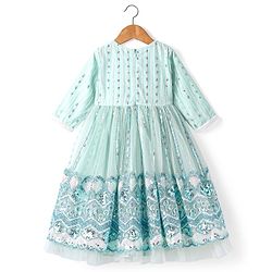 Babyhug Woven Three Fourth Sleeves Floral & Sequin Embroidered Ethnic Dress - Aqua Blue