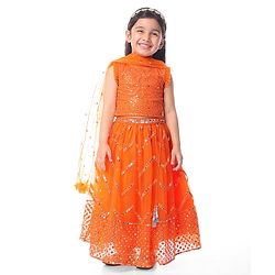 Babyhug Sleeveless Sequenced Embroidered Choli Lehenga & Dupatta Set - Orange