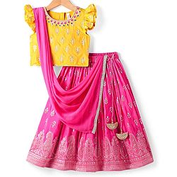 Babyhug Woven Frill Sleeves Brocade Choli Lehenga & Dupatta Set with Tassle Detailing - Dark Pink