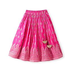 Babyhug Woven Frill Sleeves Brocade Choli Lehenga & Dupatta Set with Tassle Detailing - Dark Pink