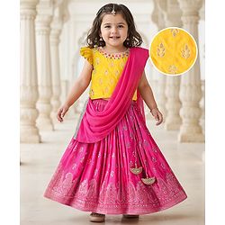 Babyhug Woven Frill Sleeves Brocade Choli Lehenga & Dupatta Set with Tassle Detailing - Dark Pink