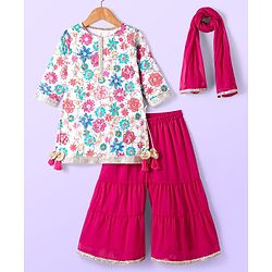 Babyhug Woven Three Fourth  Sleeves Floral Printed Kurta Gharara Set with Dupatta & Lace Detailing - Dark Pink