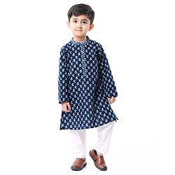 Babyhug Cotton  Woven Full Sleeves Ikat Printed Kurta - Navy Blue