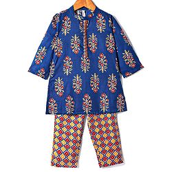 Babyhug Cotton Woven Full Sleeves Floral Printed Kurta Pyjama Set- Blue