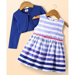 Babyhug Cotton Woven Full Sleeves Solid Shrug & Striped Frock with Bow Applique - Blue
