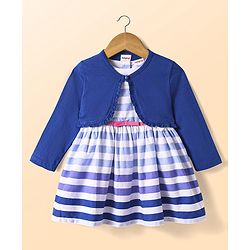 Babyhug Cotton Woven Full Sleeves Solid Shrug & Striped Frock with Bow Applique - Blue