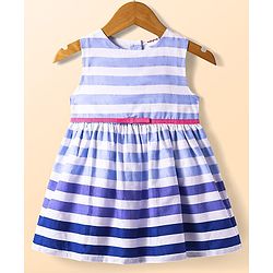 Babyhug Cotton Woven Full Sleeves Solid Shrug & Striped Frock with Bow Applique - Blue