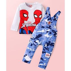 Babyhug Marvel Single Jersey Knit Full Sleeves T-Shirt & Dungaree with Spiderman Graphics - Red & Blue