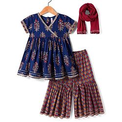 Babyhug Cotton Woven Half Sleeves Floral Printed  Kurti Gharara Set with Dupatta - Navy