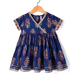 Babyhug Cotton Woven Half Sleeves Floral Printed  Kurti Gharara Set with Dupatta - Navy