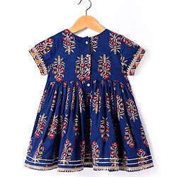Babyhug Cotton Woven Half Sleeves Floral Printed  Kurti Gharara Set with Dupatta - Navy