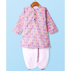 Babyhug Cotton Woven Cambric  Schiffly Embroidered Full Sleeves  Dhoti Kurta Set - Pink & White