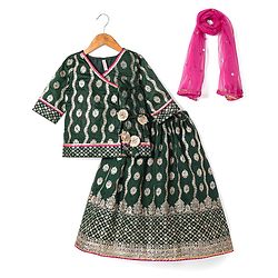 Babyhug Brocade Woven Three Fourth Sleeves Printed Choli Lehenga & Dupatta Set with Sequin Detailing - Dark Green