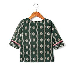 Babyhug Brocade Woven Three Fourth Sleeves Printed Choli Lehenga & Dupatta Set with Sequin Detailing - Dark Green