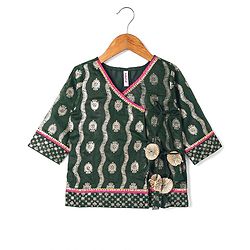 Babyhug Brocade Woven Three Fourth Sleeves Printed Choli Lehenga & Dupatta Set with Sequin Detailing - Dark Green
