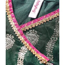 Babyhug Brocade Woven Three Fourth Sleeves Printed Choli Lehenga & Dupatta Set with Sequin Detailing - Dark Green